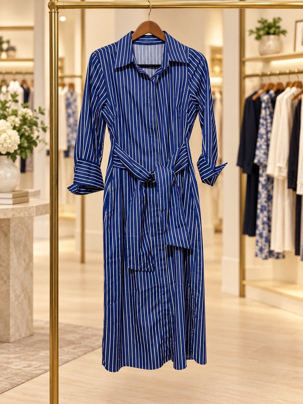 J McLaughlin Navy White Stripe Cotton Belted Midi Shirtdress Medium Pockets Chic